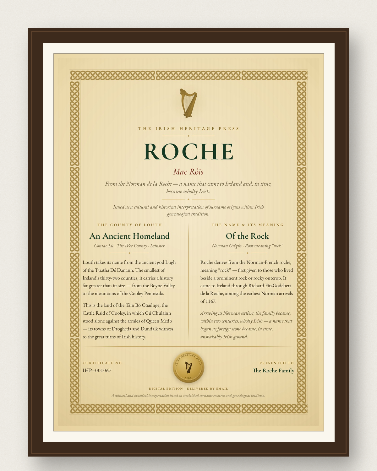 A framed Irish Heritage Press surname certificate hanging on a wall